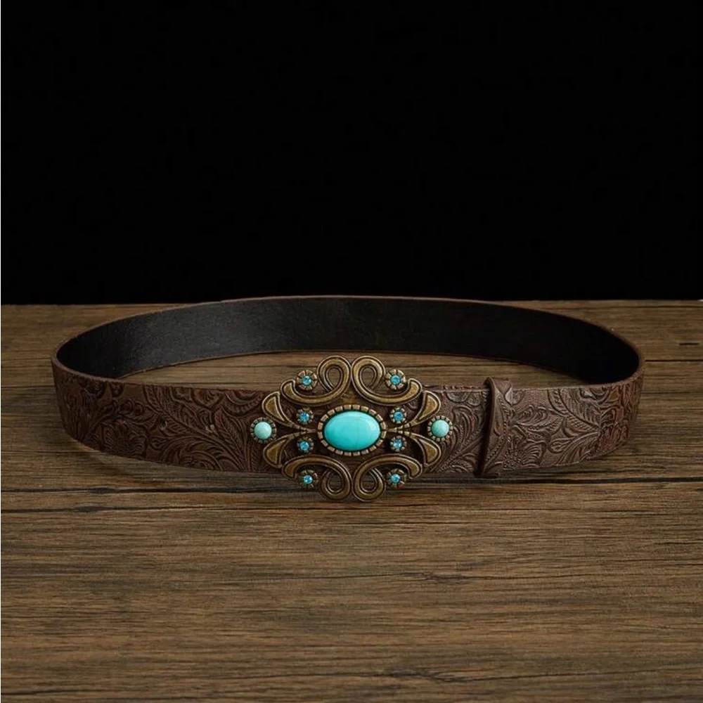 Turquoise Jewels Embossed Floral Faux Leather Bronze Buckle Belt Size Large